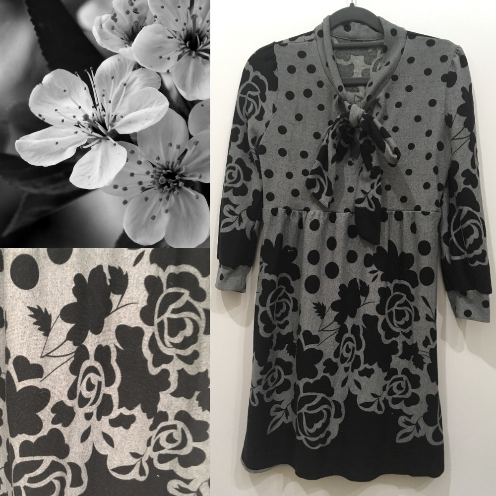 VINTAGE GREY AND BLACK FLORAL A-LINE KNIT DRESS.